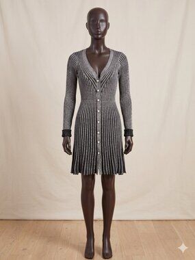 NWT Taylor Ribbed V-Neck Sweater Dress Grey Metallic Button Front Fit Flare S